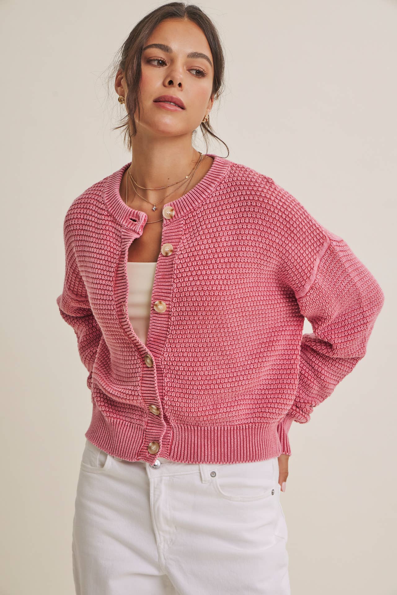 Cotton Waffle Button-Down Cardigan