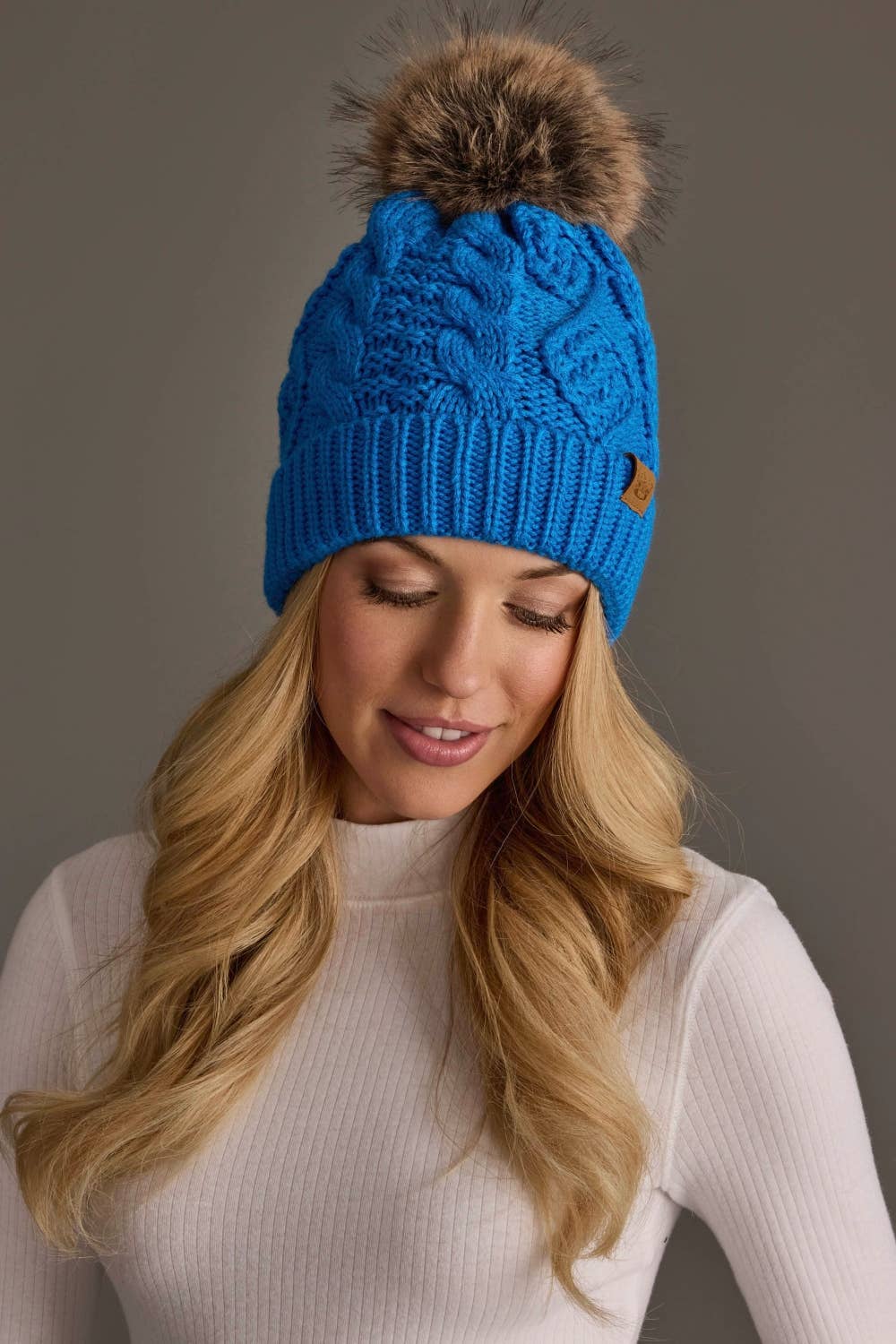 Blue Cable Knit Pom Hat