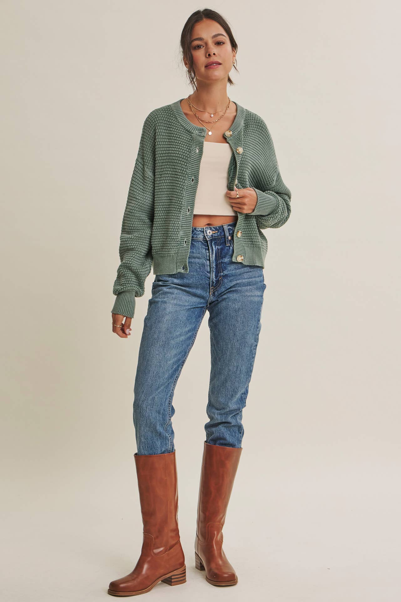 Cotton Waffle Button-Down Cardigan