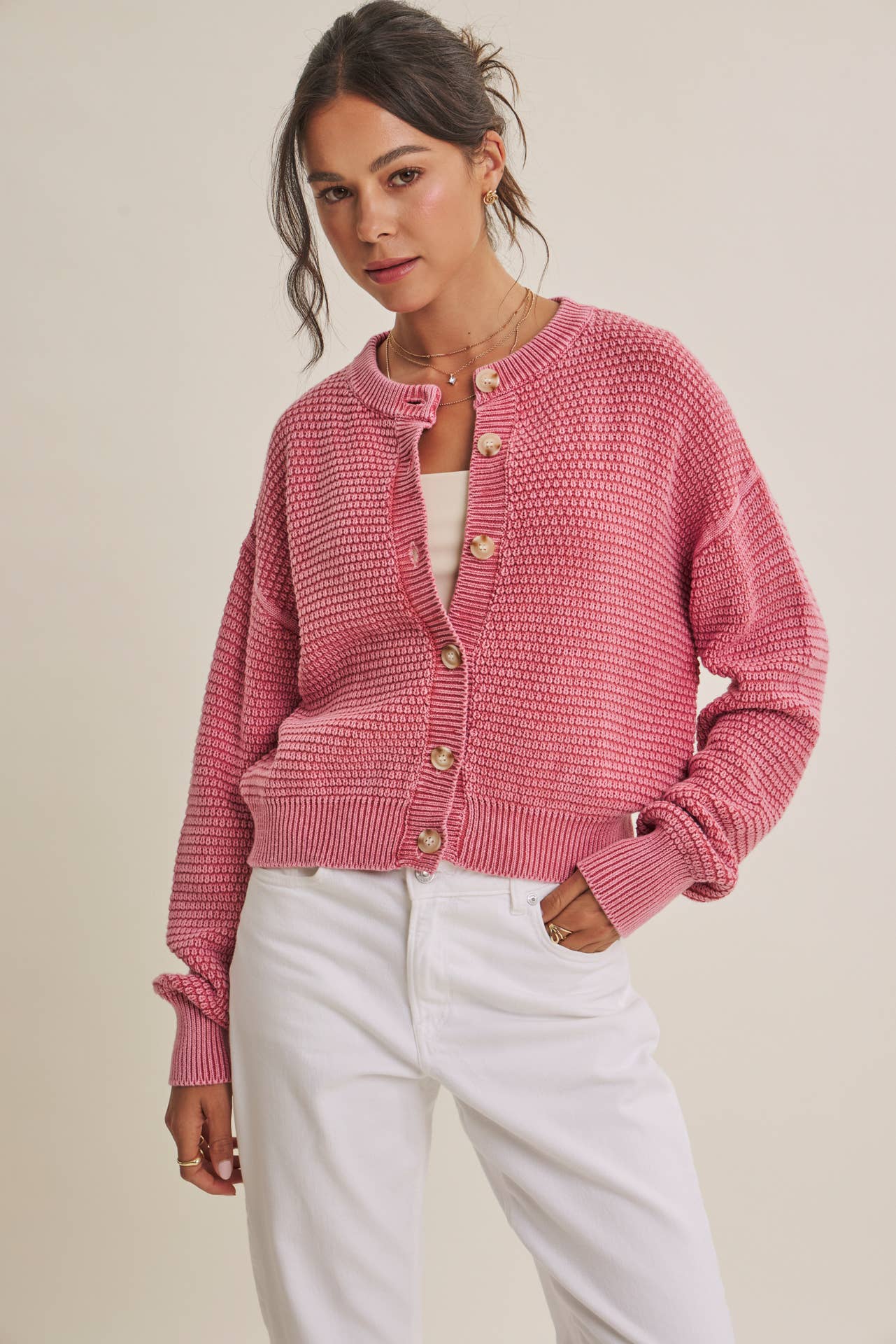 Cotton Waffle Button-Down Cardigan