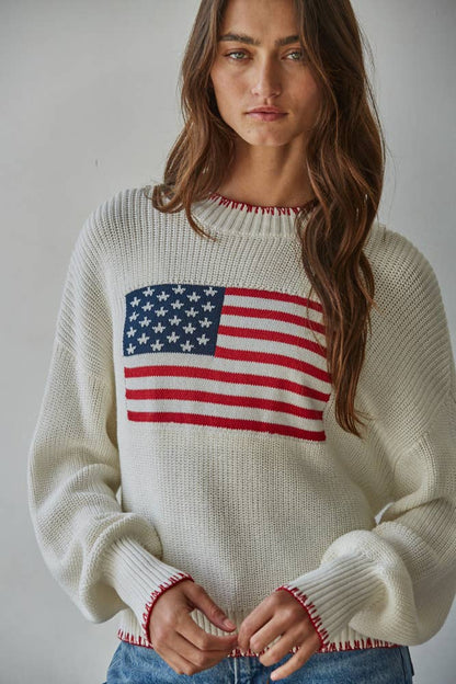 Knit Sweater Crew American Flag Pullover